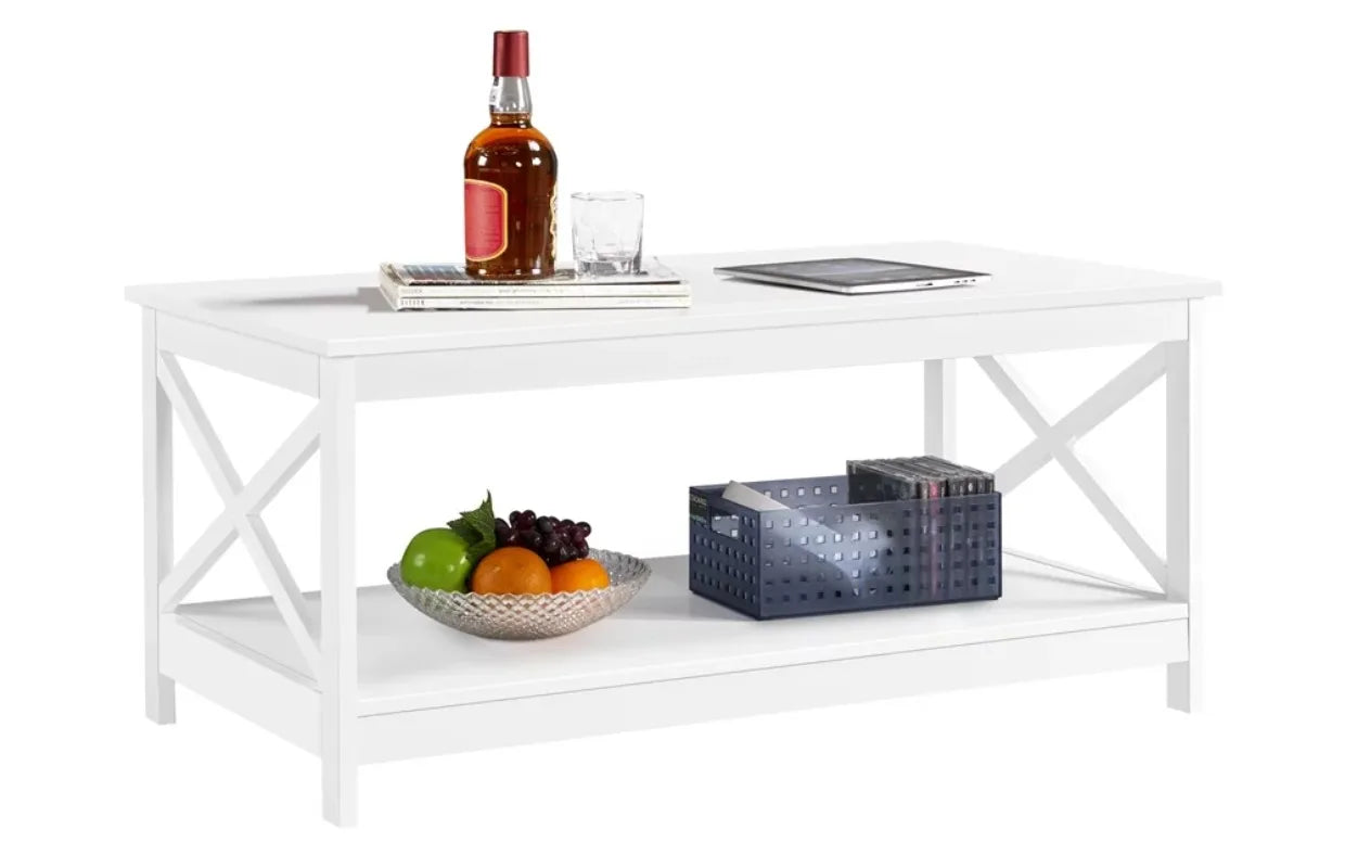 Modern Wood X-Design Rectangle Coffee Table with Storage Shelf, White