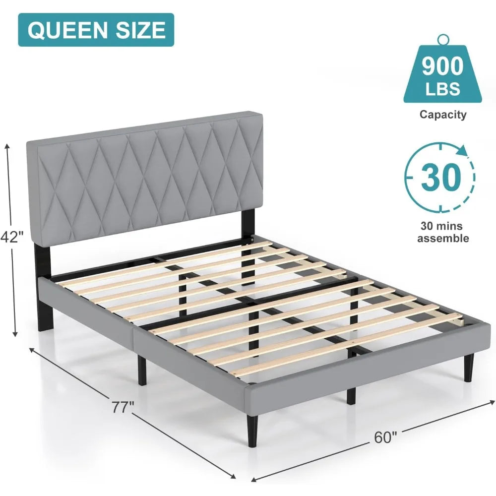 Large Bed Frame Upholstered Platform with Headboard and Sturdy Wooden Slats, Non-slip and Noiseless, No Springs Required