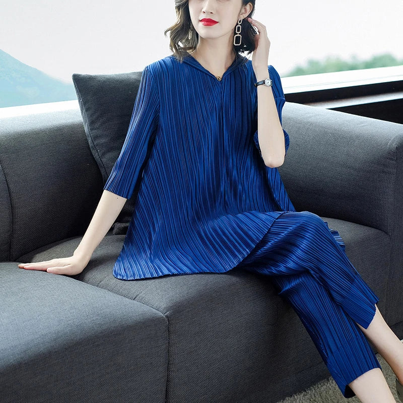 Autumn Loose Casual Temperament Large Size miyak Pleated Suit Women's Clothing Two Piece Set Pleats hoodie + elegant pants suit