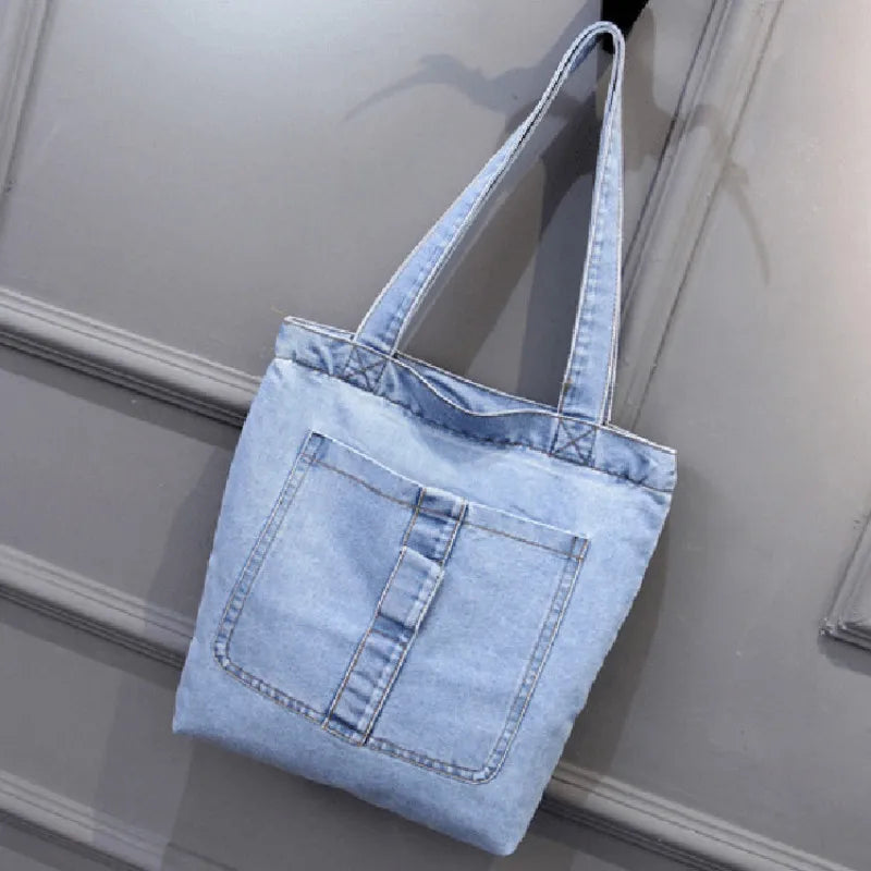 2022 New Large Capacity Women Shoulder Bags Wild Casual Handbag Street Canvas Denim Shoulder Bag Solid Color Zipper Shopping Bag