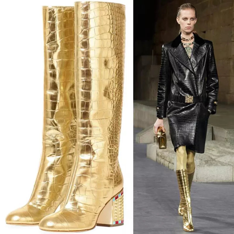 New Gold Side Zipper Knee-High Boots Women Round Toe Rhinestone Square High Heels Woman Runway Boots Woman Fashion Ladies Shoes