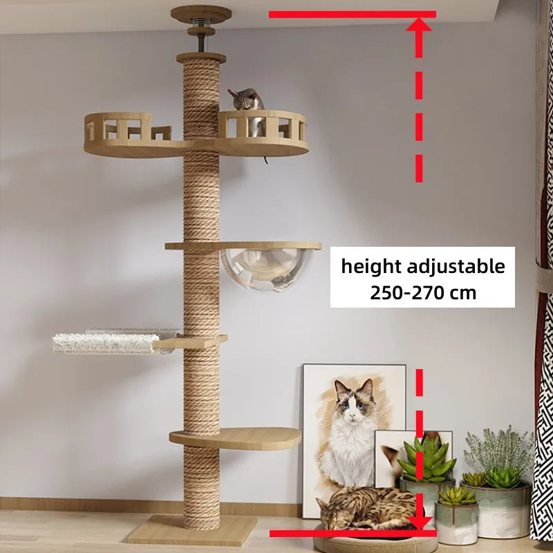 Adjustable Cat Tree House Tower Floor to Ceiling Kitten Multi-Level Condo With Scratching Post Hammock Pet Cat Activity Center