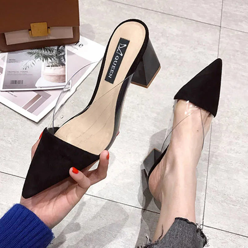 Pointed Toe Suede Square heel High heels Muller slippers women 2019 summer shoes women Fashion Patchwork Shallow ladies shoes