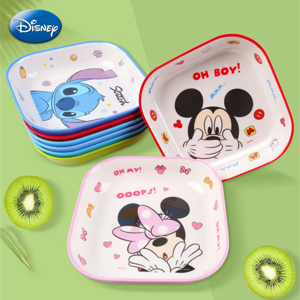 Disney Stitch Mickey Cartoon Plates Kawaii Minnie Mouse Frozen Elsa Cutlery Fruit Plate Kids Eating Square Plate Child Tableware