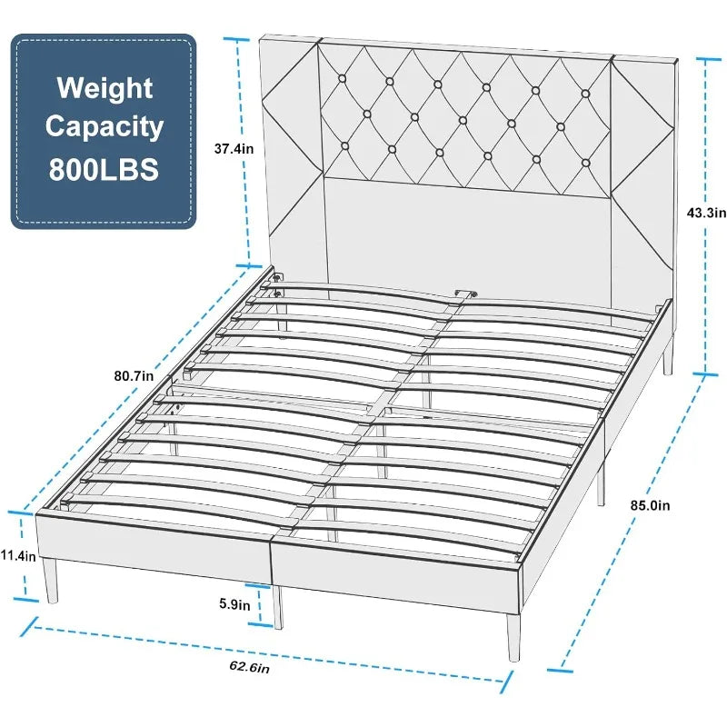 Upholstered Platform Bed Frame with Tufted Velvet Headboard, Heavy Duty Bed Frame, Sturdy Wood Slat Support,Light Gray Bedframe