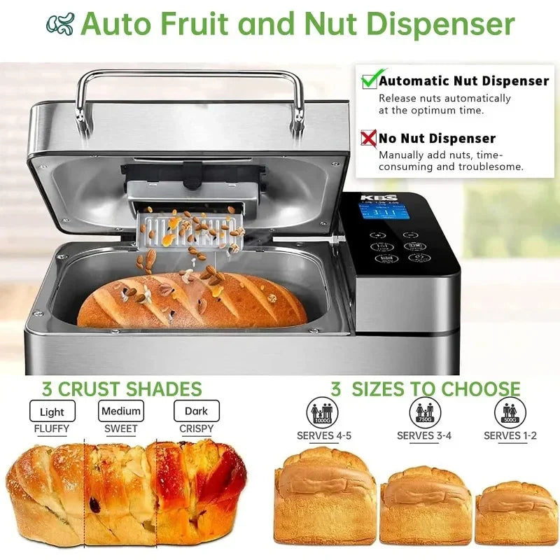 Large 17-in-1 Bread Machine, 2LB All Stainless Steel Bread Maker with Auto Fruit Nut Dispenser, Nonstick Ceramic Pan