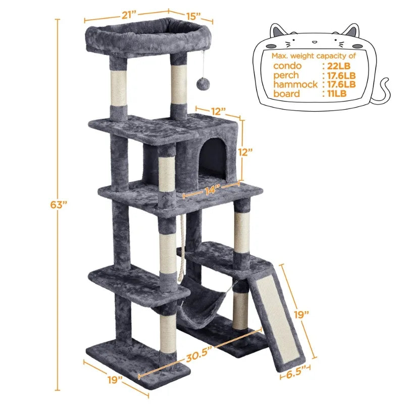 63" H Cat Tree Tower with Hammock and Scratching Posts, cat tower  cat tree tower