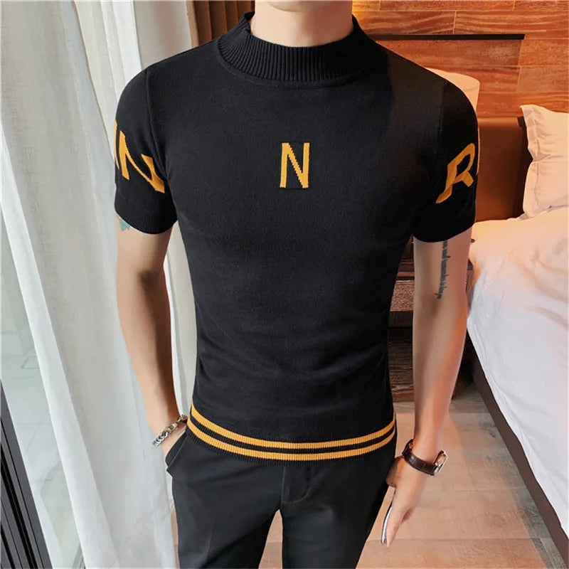 Summer New Letter Print Short Sleeve T-Shirt Men Clothing 2022 Korean O-neck Slim Fit Casual Knitted Tee Shirt Club Social Tee