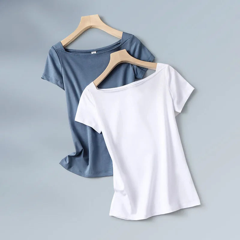 Women Sweetshirts Slash Neck T-shirt for womens Short Sleeve Summer Women's clothing Cotton kawaii clothes