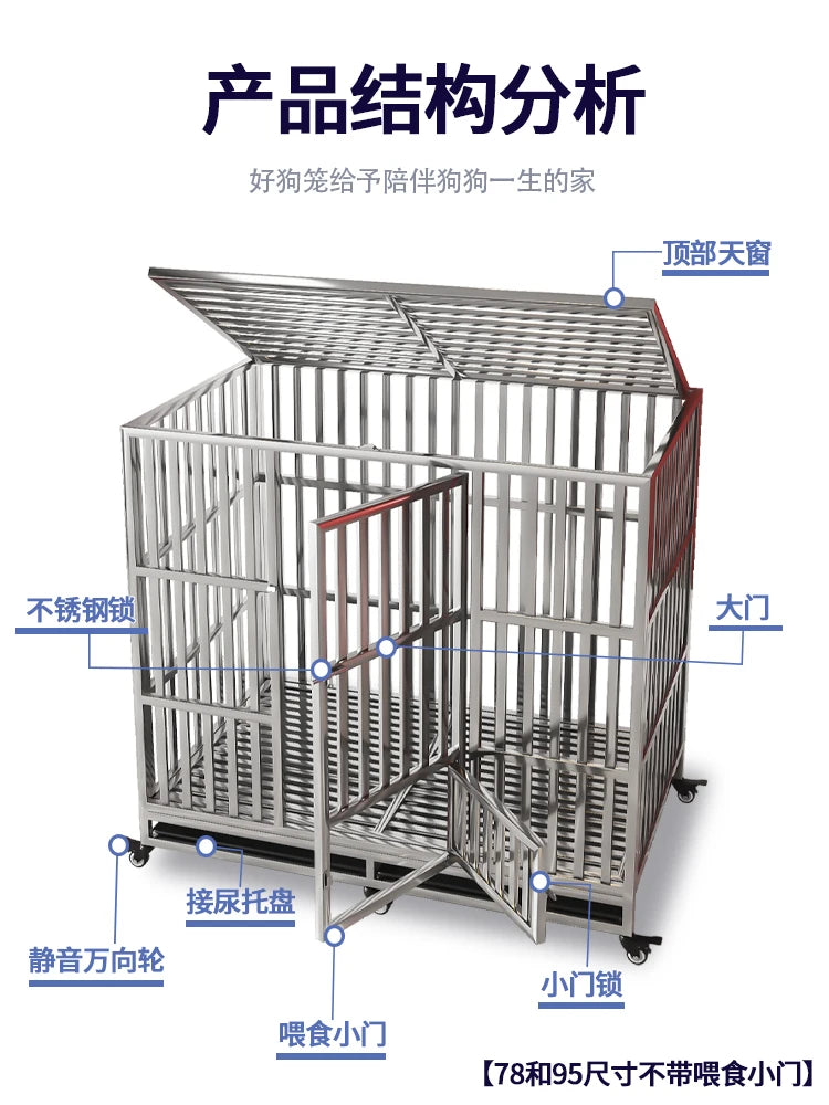 Thick square stainless steel dog cage large dog cage small dog with toilet folding pet cage kennel.