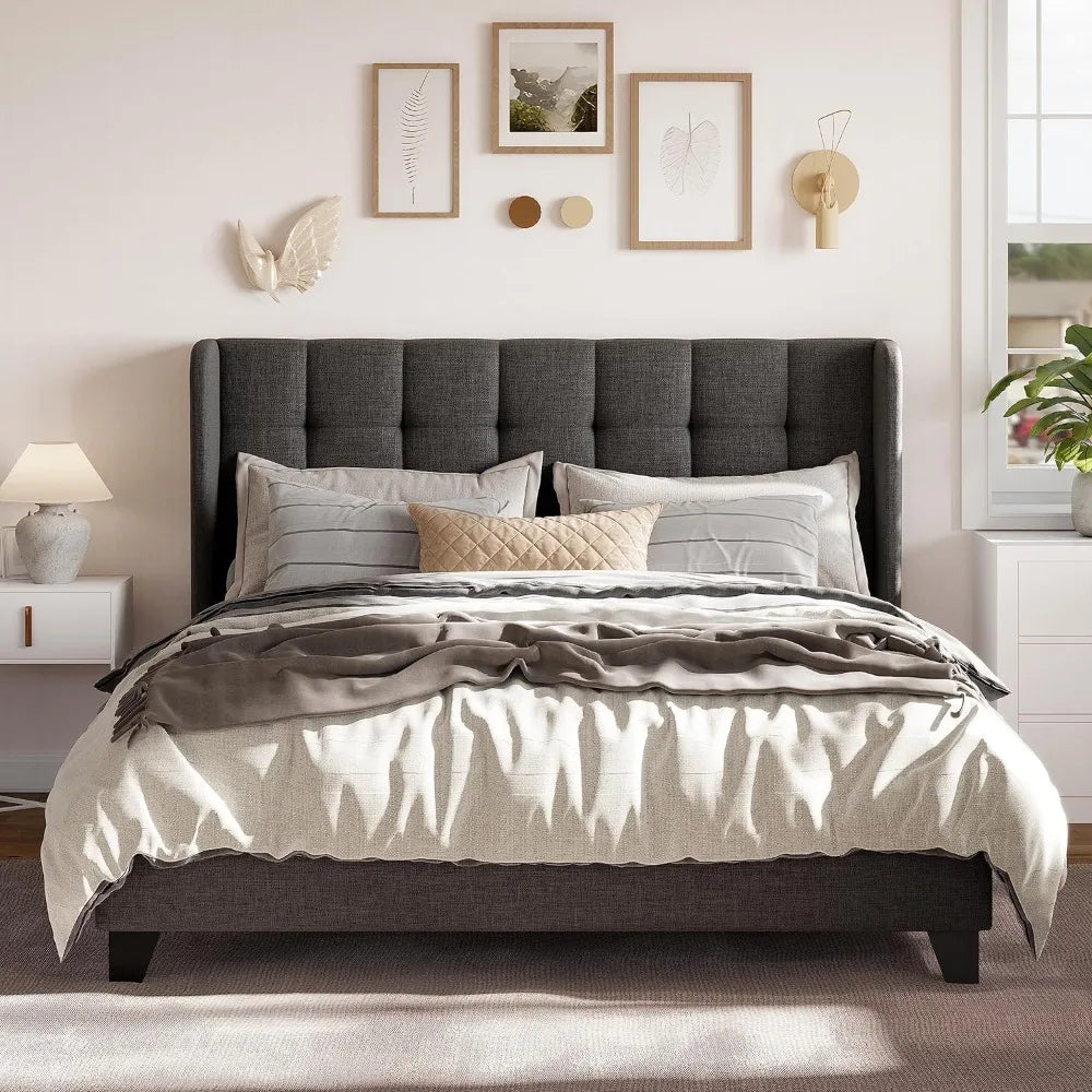 Bed Frame with Large Platform Upholstered in Fabric, Square-stitched Headboard and Wooden Slats, Box-loaded Options, Dark Grey