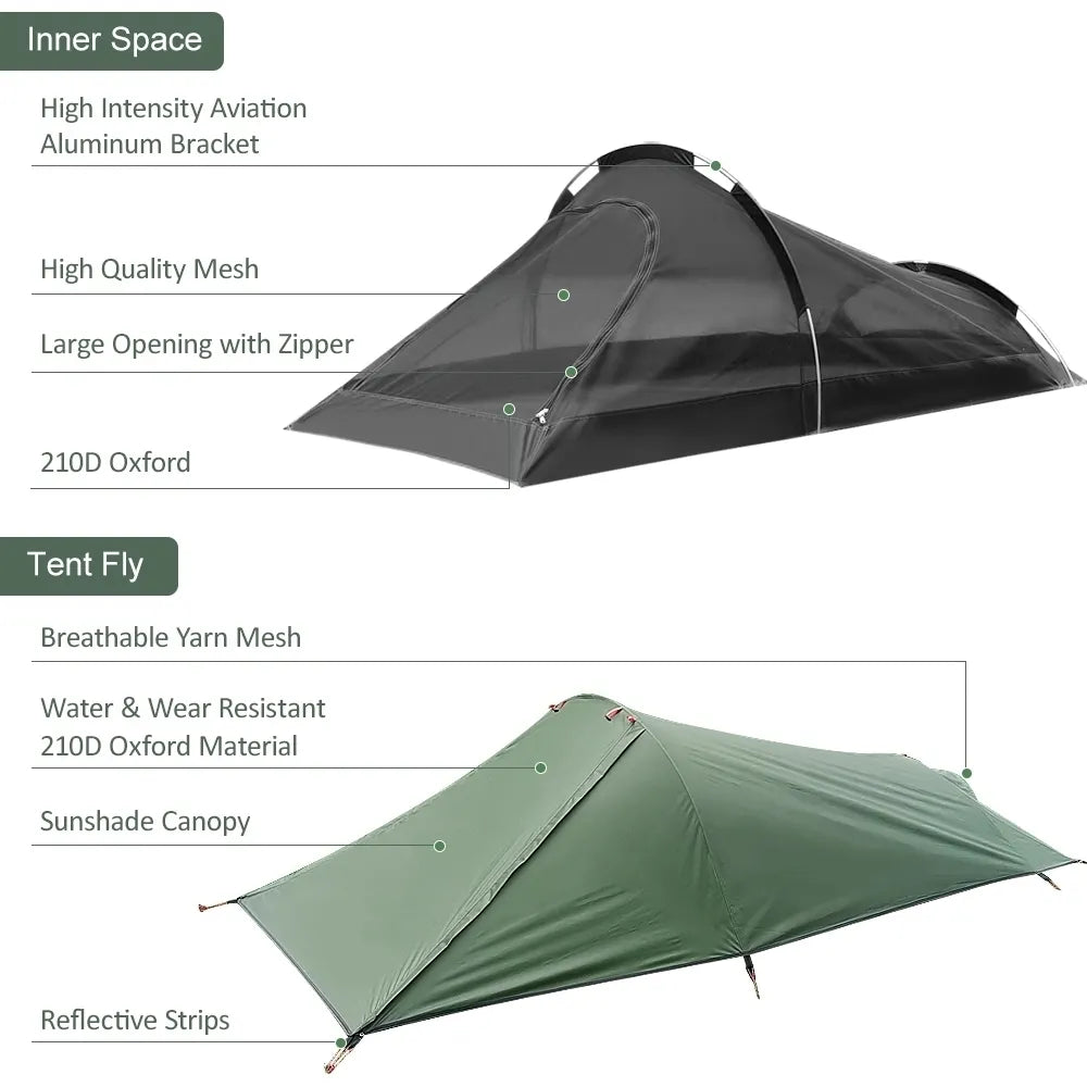 Ultralight Outdoor Camping Tent 1 Person Camping Tent Water Resistant Tent Aviation Aluminum Support Portable Sleeping Bag Tent