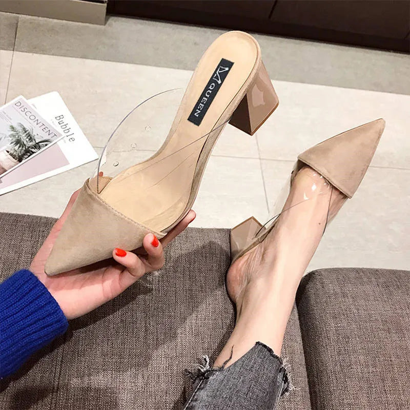 Suede Pumps Summer Shoes Women Fashion Pointed High Heels New Muller Square Heel Slippers Women Slip-On Shallow Ladies Shoes