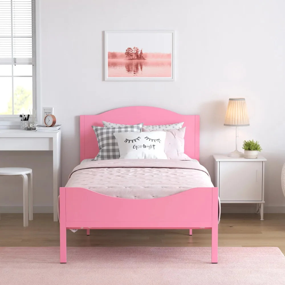 Kids Twin Metal Platform Bed Frame with Wood Headboard for Girls, Toddler, Kids, and Teens, Pink Finish，Best Gift for Kids