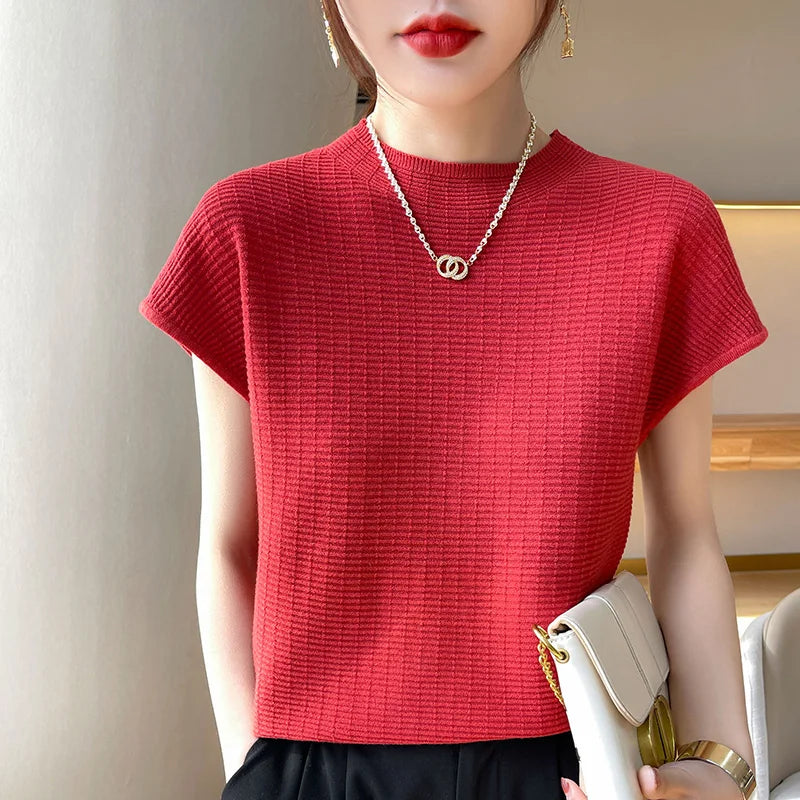 Summer Female T-shirts Short Sleeve Women O-neck Solid Color Fashion Women's Clothing Tee Mock Neck Casual Soft T Shirt Oversize