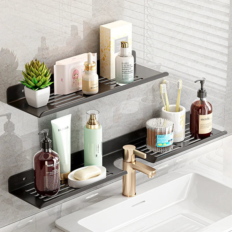 Bathroom Shelf Kitchen Organizer Black Shelves Shower Punch-Free Mounted Rack For Bathroom Accessories Wall Hanging Storage Rack