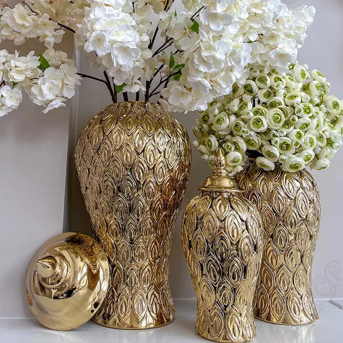 Upscale Gold Plated Ceramic Vase Home Accessories Decorative Jars European Classical Dining Table Decor Desktop Flower Vases