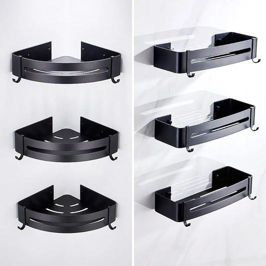 Bathroom Shelf Organizer Shower Storage Rack Black Corner Shelves Wall Mounted Aluminum Toilet Shampoo Holder No Drill