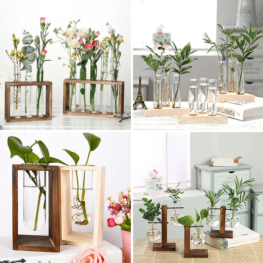 Wooden Hydroponic Vases Plant Vases Vintage Flower Vase Pot Transparent Vase Wooden Frame Glass Vase Tabletop Plants Home Decor