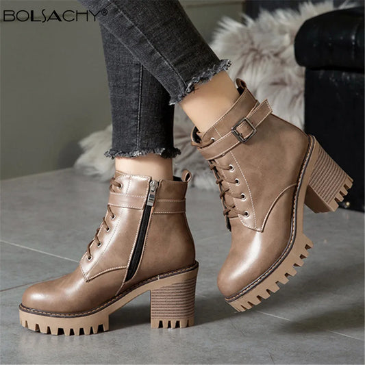 Boats Women 2023 New Winter Female High Heel Lace Up Ankle Boots Buckle Platform Artificial Leather Ladies Shoes Zapatos Mujer