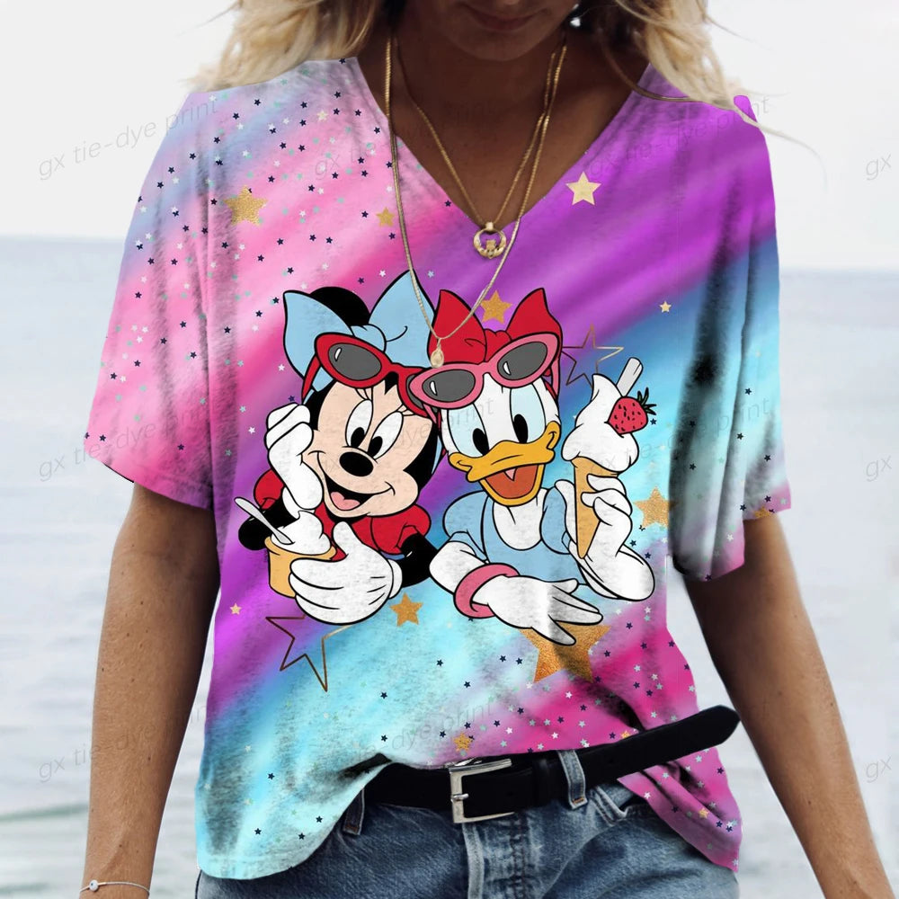 Summer Women's Tshirt Disney Mickey Mouse Print T Shirt for Women V Neck Pullover Casual Loose Ladies Clothing Streetwear Tee