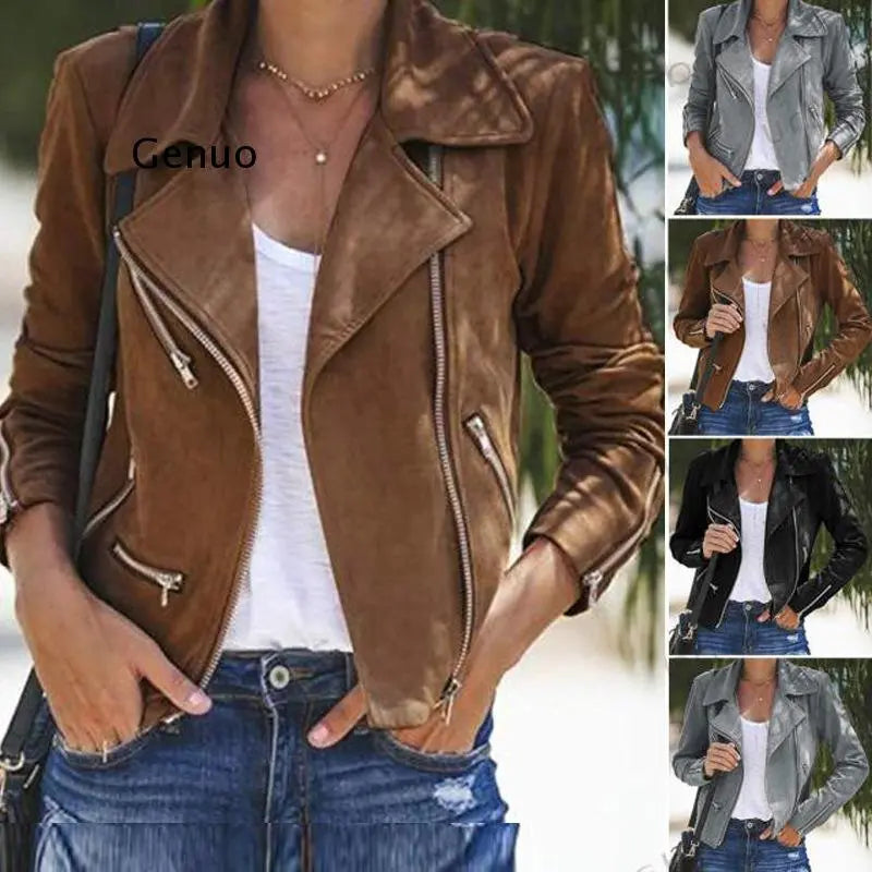 2022 Autumn and Winter New Lapel Diagonal Multiple Zipper Short Coat Women's Clothing Leather Slim Jackets Women Winter Coat