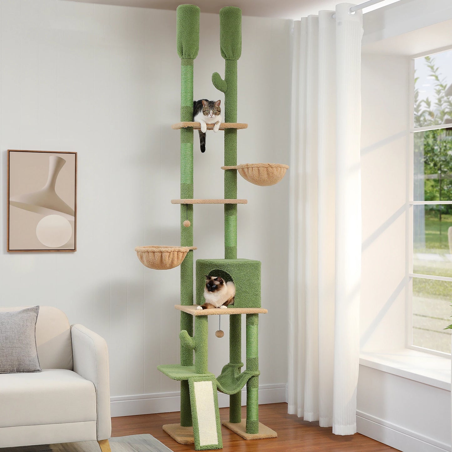 Adjustable 216-285cm Height Cactus Cat Tree with Condo Hammock High Cat Tower Scratching Post for Cat Jumping Platform Cat Toys