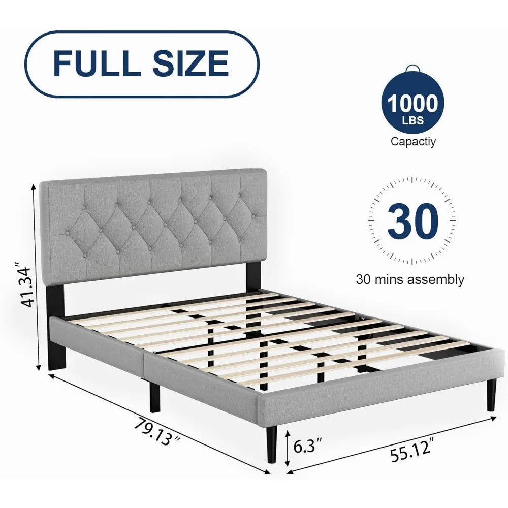 Full-size Platform Bed Frame with Padded Headboard, Button Tufted Design, No Springs Required, Light Grey