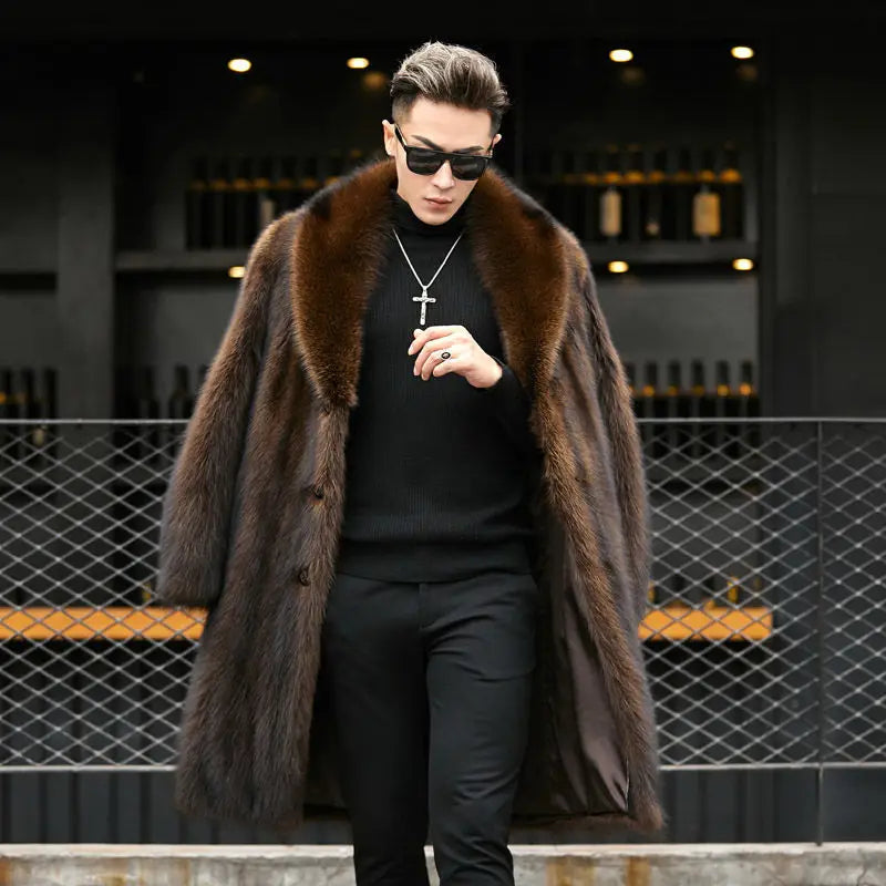 Mink Coat Men's Mid-length Whole Mink Autumn and Winter New Large Size Plus Velvet Thickening Imitation Raccoon Fur Men Clothing