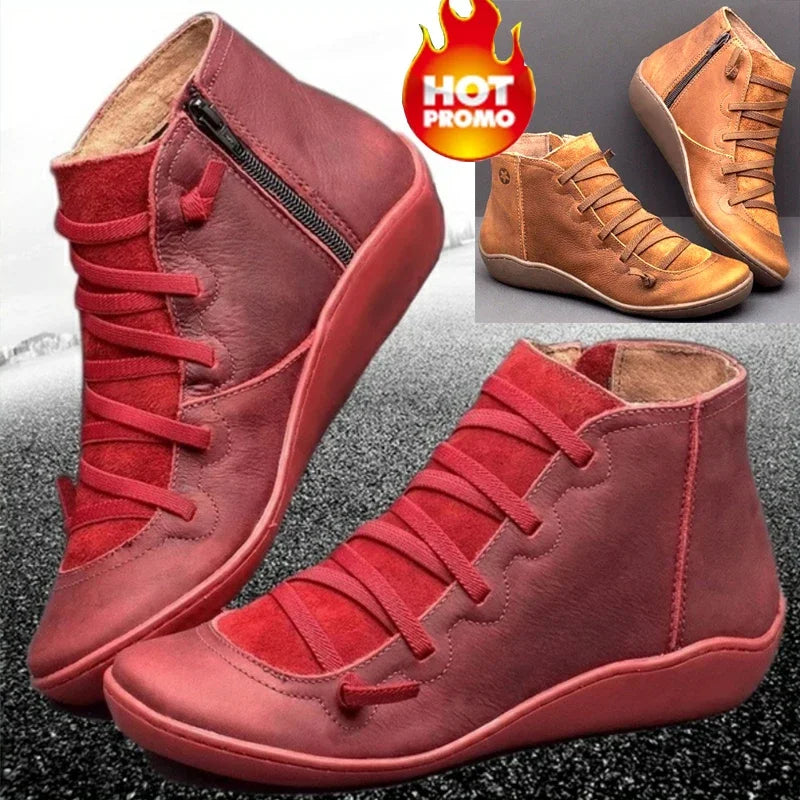 2019 New Women's PU Leather Ankle Boots Women Winter Cross Strappy Vintage Women Punk Boots Flat Ladies Shoes Woman Botas Mujer