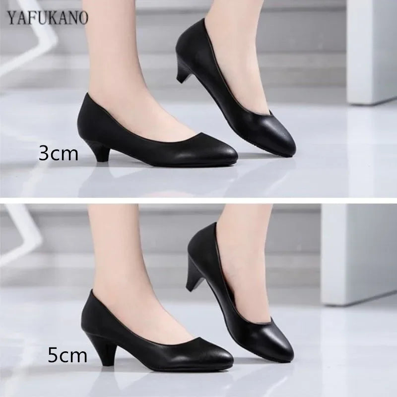 Plus Size 34-42 Women Leather Mid Heel Pumps 2023 New High Quality Shoes Classic Black High Heels Shoes for Office Ladies Shoes