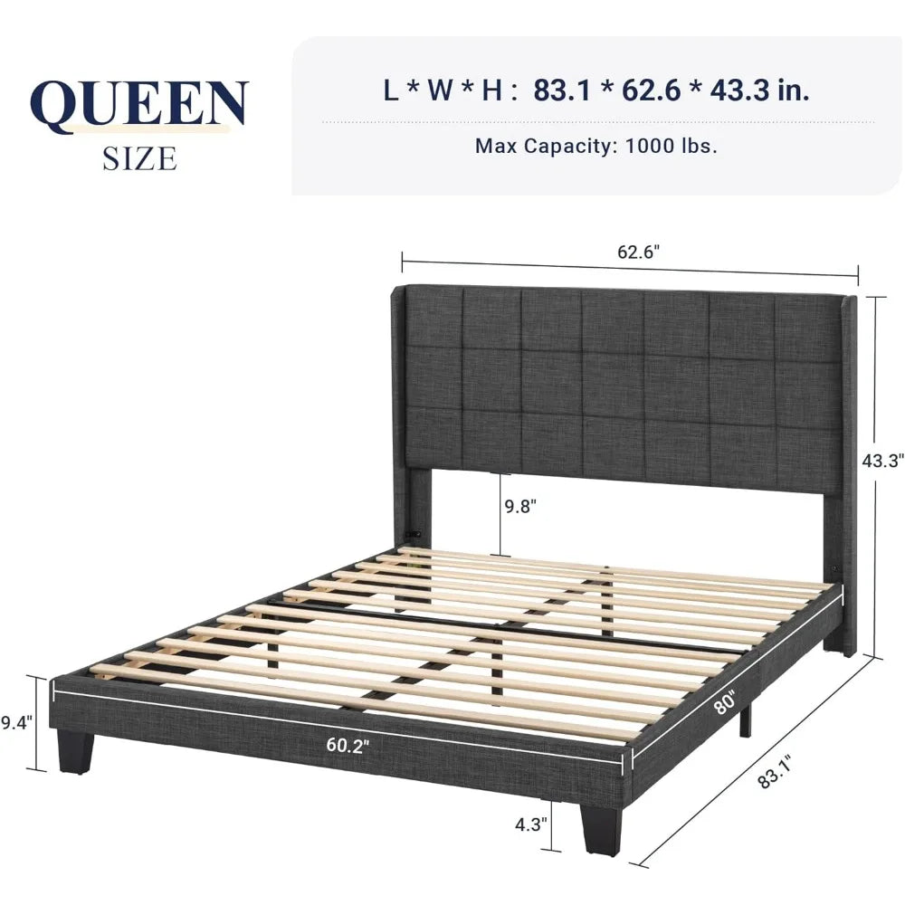 Bed Frame with Large Platform Upholstered in Fabric, Square-stitched Headboard and Wooden Slats, Box-loaded Options, Dark Grey