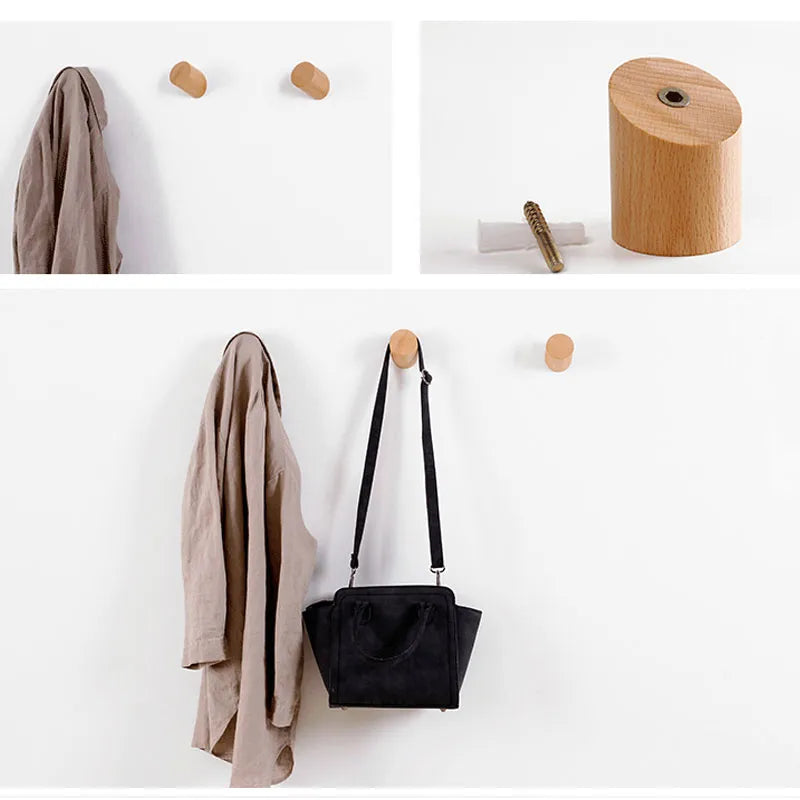 Natural Wood Clothes Hanger Wall Mounted Coat Hook Decorative Key Holder Hat Scarf Handbag Storage Hanger Bathroom Rack