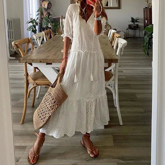 Women's Clothing 2022 Summer Fashion V-neck Vintage Party Female White Lace Elegant Maxi Dresses Casual Beach Long