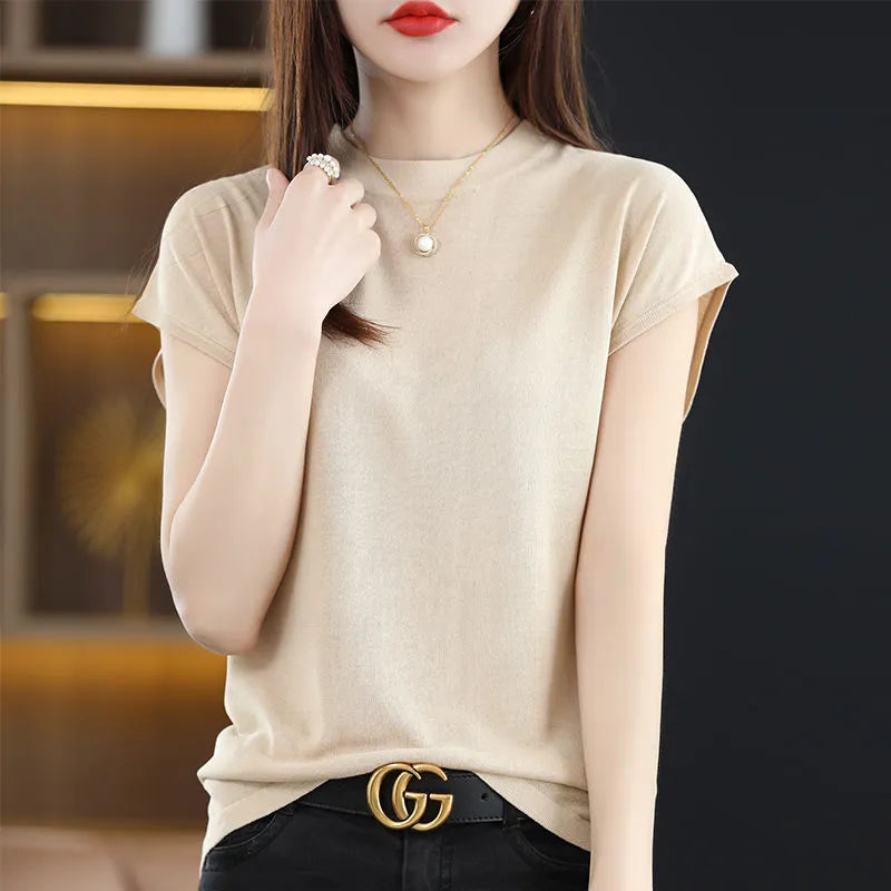 Fashion Solid Color Knitted Loose Korean T-Shirt Women's Clothing 2023 Spring New Casual Pullovers All-match Tee Shirt