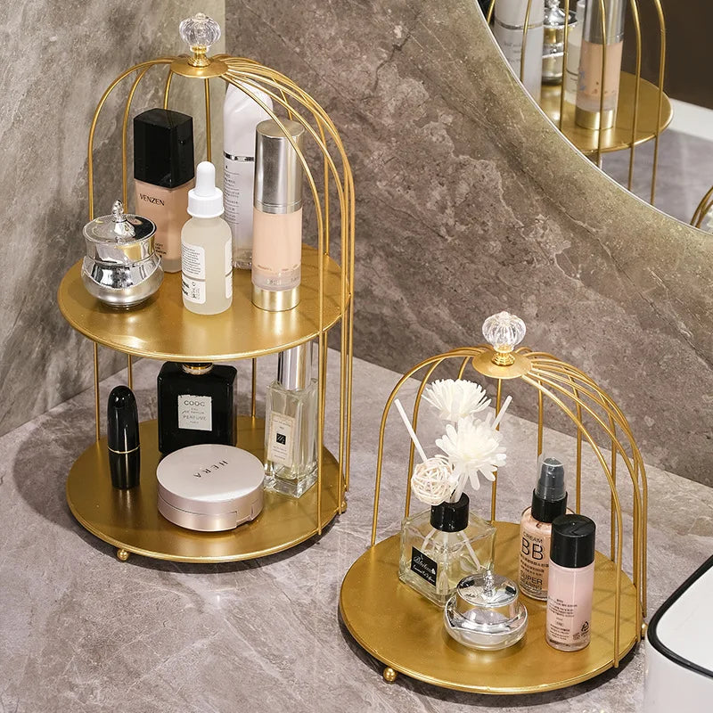 European Cosmetics Bathroom Tray Stand Storage Rack Crystal Metal Sundries Storage Tray Desktop Bird Cage Rack Home Decoration