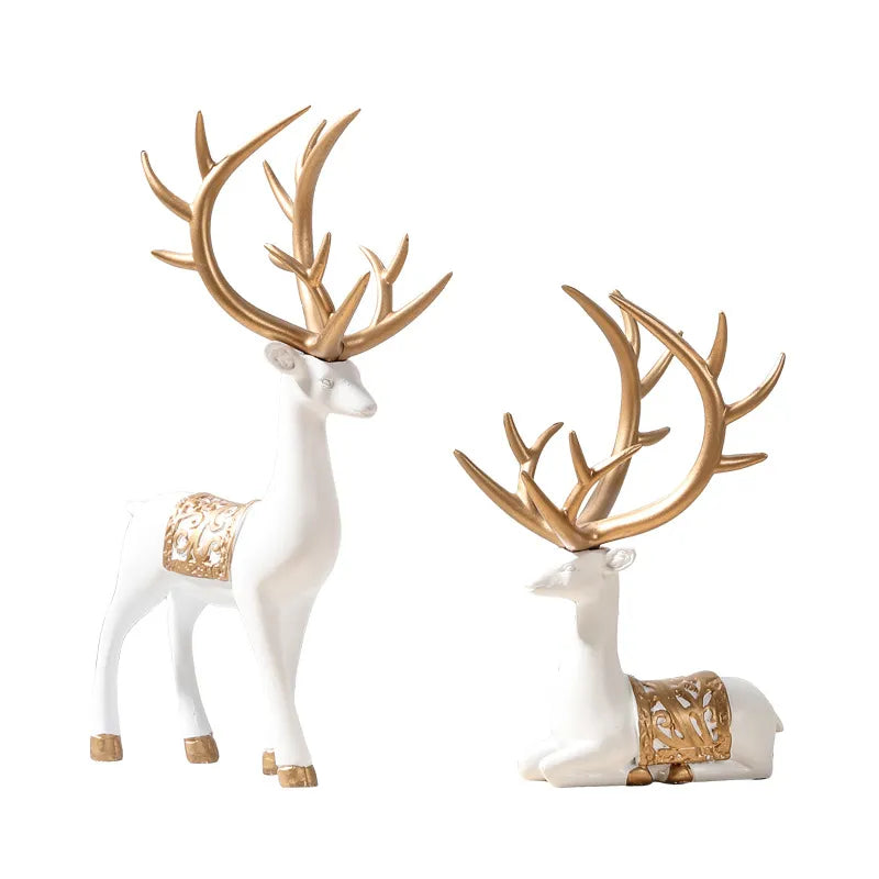 2Pcs Christmas Reindeer Sculpture Geometric Resin Sitting Standing Elk Deer Figurine Christmas Ornament Home Living Room Decor