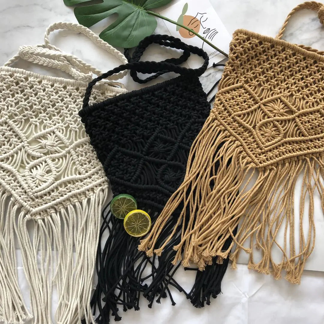 New Handmade Rope Woven Handbag Knitted Rattan Summer Beach Bag Tassel Bohe Bolsos Feminine Crochet Fringed Women Shoulder Bags