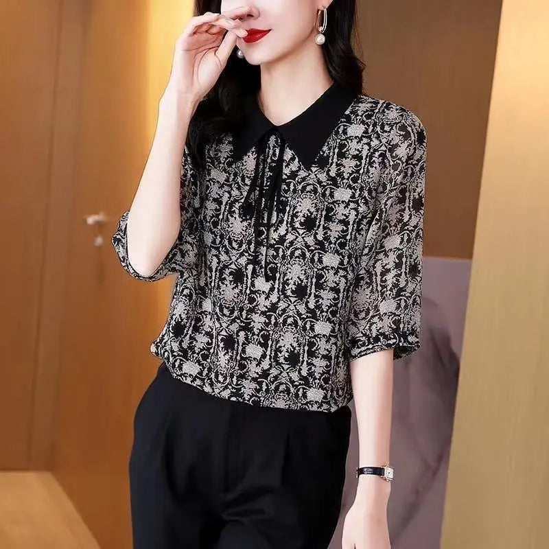 Vintage Printed Lapel Lace Up Bow Oversized Chiffon Shirt 2022 Summer Casual Tops Loose Elegant Women's Clothing Commute Blouse