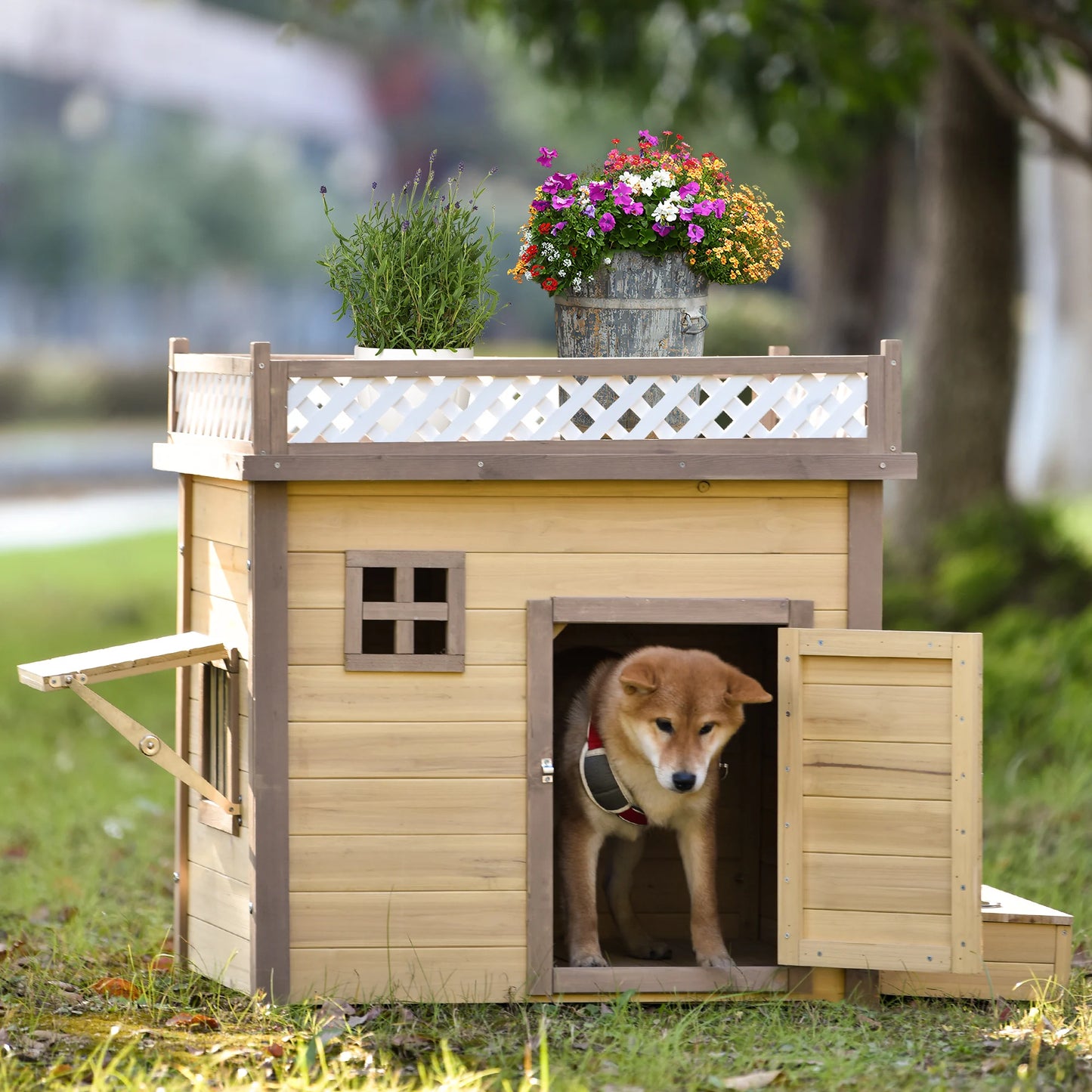 31.5"/39.4” Wooden Dog House Puppy Shelter Kennel Outdoor & Indoor Dog Crate  with Flower Stand  Plant Stand  With Wood Feeder