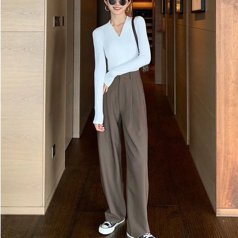 Clothing Buttons Trousers Woman Tailoring Womens Pants Wide Leg Baggy Work Office Solid Loose Slacks High Quality All Medium 90s