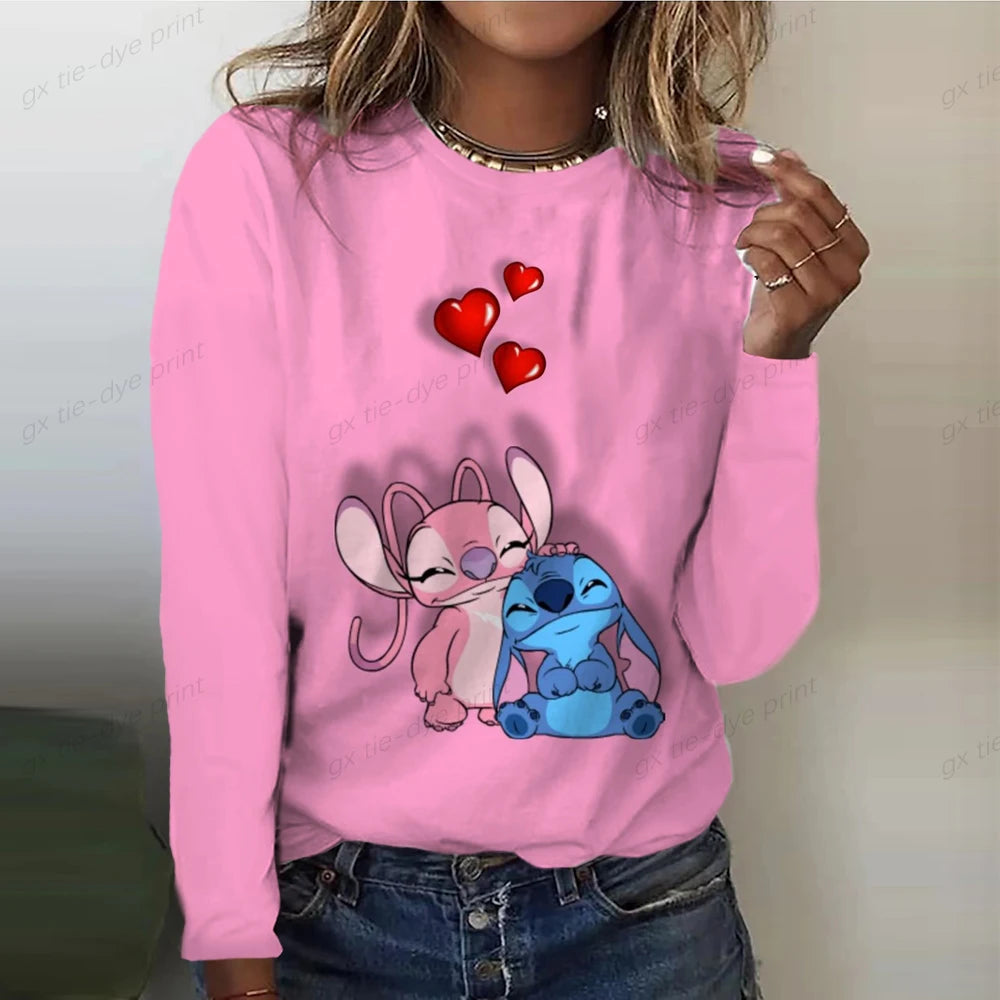 Disney Stitch Cartoon Print T-shirt Fashion Women's Clothing Spring And Autumn Basic Top Women's Long Sleeve T-shirt 2023