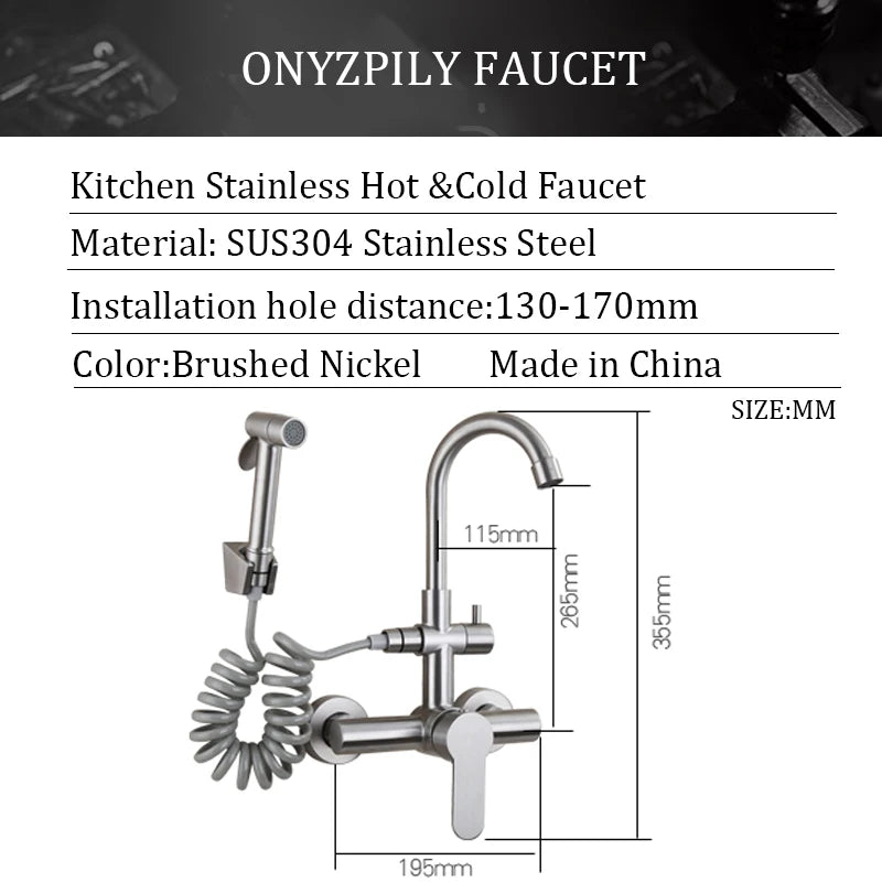 304 stainless steel Kitchen Sink Faucet Brushed Nickel Mixer Tap Stream Sprayer  Wall Installation