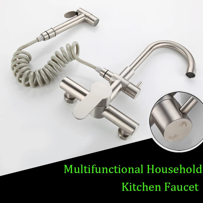 304 stainless steel Kitchen Sink Faucet Brushed Nickel Mixer Tap Stream Sprayer  Wall Installation