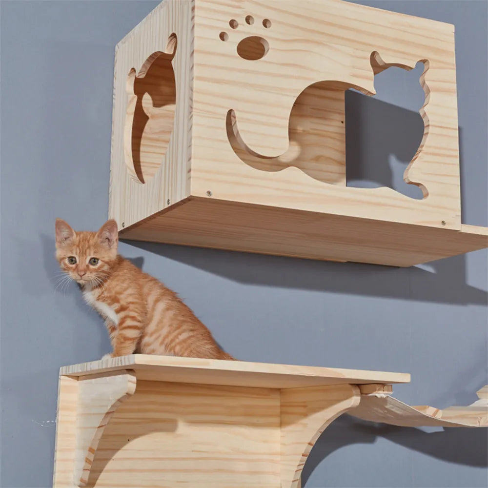 Cat Wall Mounted Furniture Hammock Climbing Shelves Cat Scratching Post Wooden Stairway Shelves Sisal Ladder Cat Climbing Frame