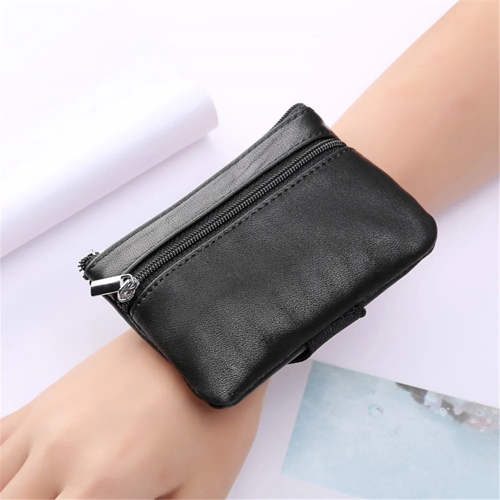 Women Men Sports Wrist Bag Key Money Bag Genuine Leather Ladies Coin Purses Zipper Pouch Card Holder Wallet Business Card Cases