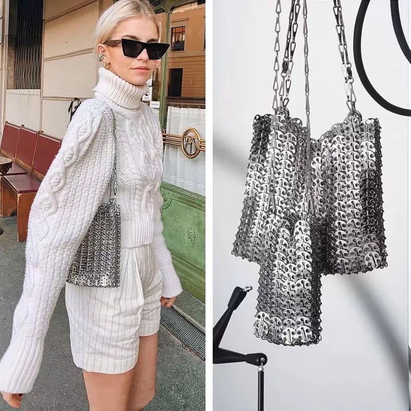 Fashion Silver Metal Sequins Women Shoulder Bags Designer Metallic Chains Crossbody Bag Luxury Evening Party Small Purses 2023