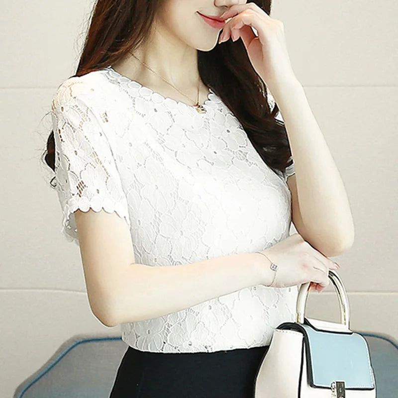 New Fashion Summer Short Sleeve Blouse Lace Women's Tops Sweet O-neck Women's Clothing Shirt White Women Shirt Blusas D710 30