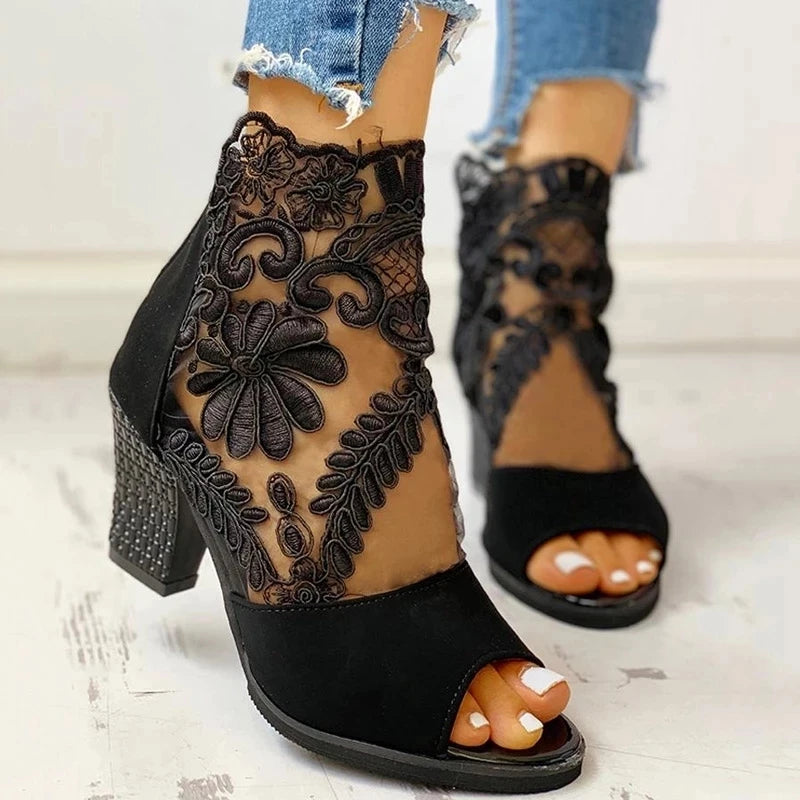 Spring Women Pumps Mesh Leather Flower High Thick Heel Stripe Platform Zipper Peep Toe Slip on Ladies Shoes Zapatos De Mujer