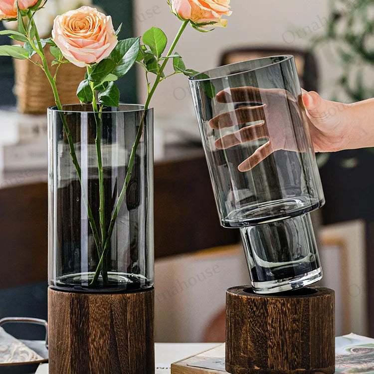 Modern Simple and Creative Glass Water-grown Flowers Wooden Base Vase Decoration Living Room Dining Table Flower Arrangement